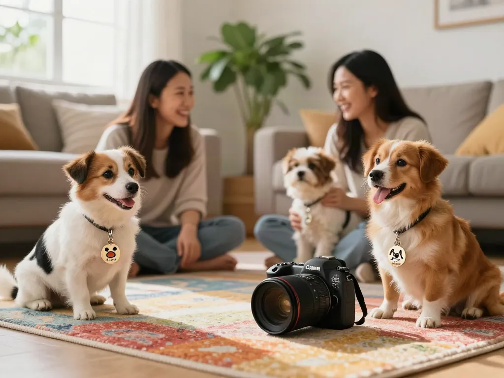 Hondenpenning bestellen met persoonlijke naam in een gezellige woonkamer.