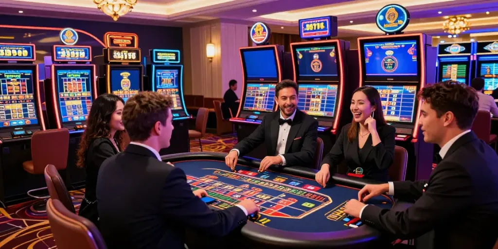 Experience the thrill of online gaming at https://playsv88.net/ with players at a vibrant casino scene.