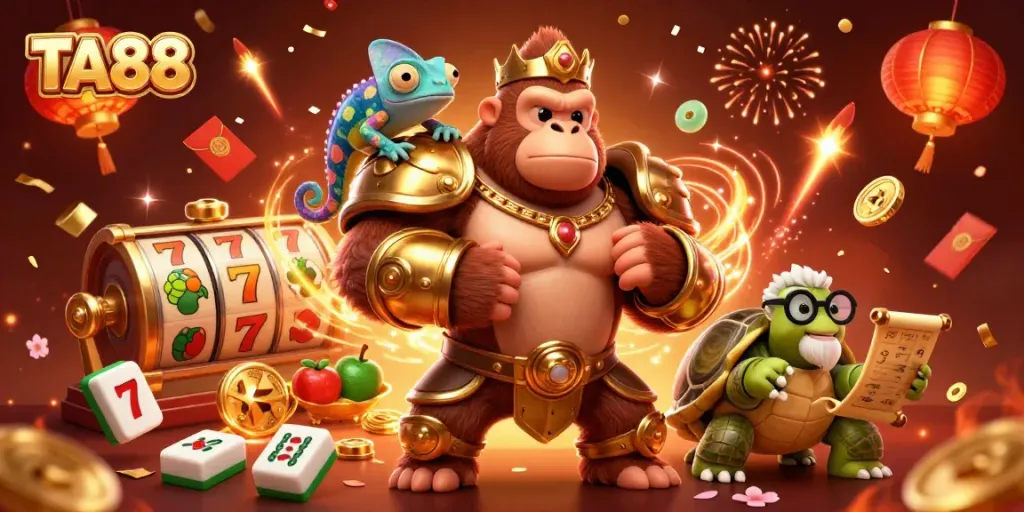 Experience the thrill of TA88 with vibrant slots and dynamic characters in an exciting casino scene.