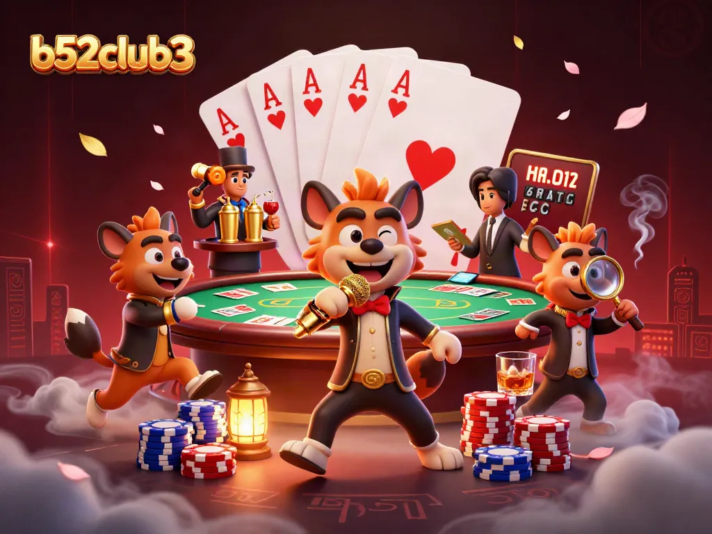 b52club3 hyenas performing comedy casino acts with poker elements in a vibrant, dynamic scene