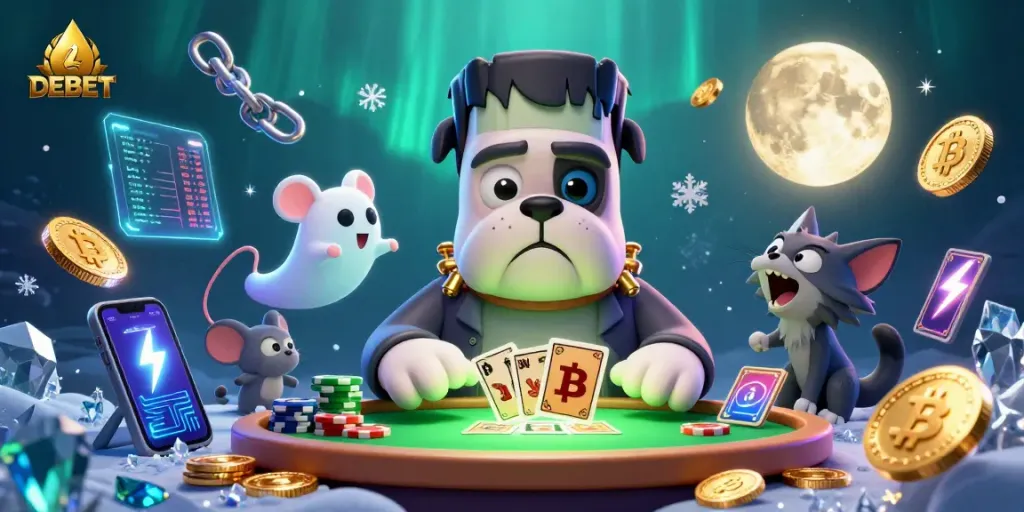 DEBET gaming scene where a Frankenstein bulldog deals cards amidst floating crypto coins, perfect for gamblers.