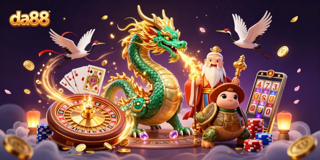 Win thrilling rewards with da88's casino ambiance featuring a vibrant jade dragon and lucky symbols.