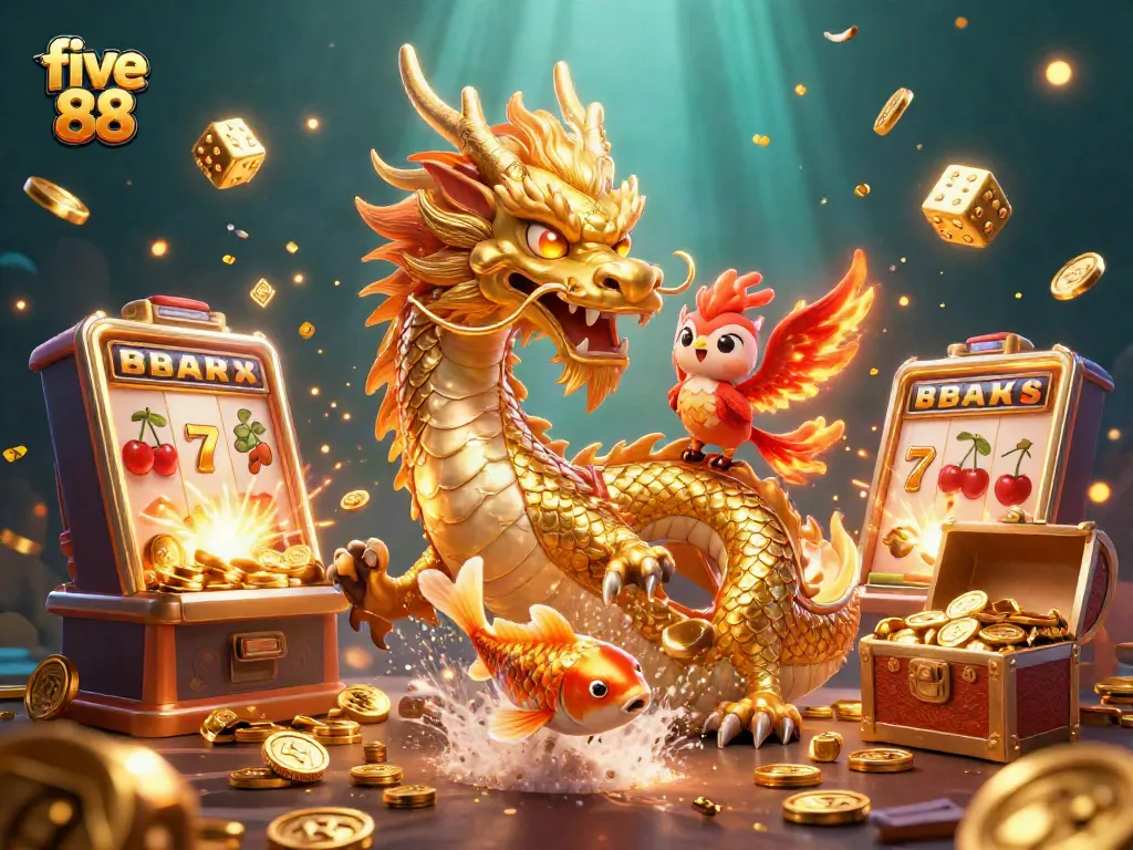 Experience excitement with five 88 as a golden koi fish leaps through a shower of coins.