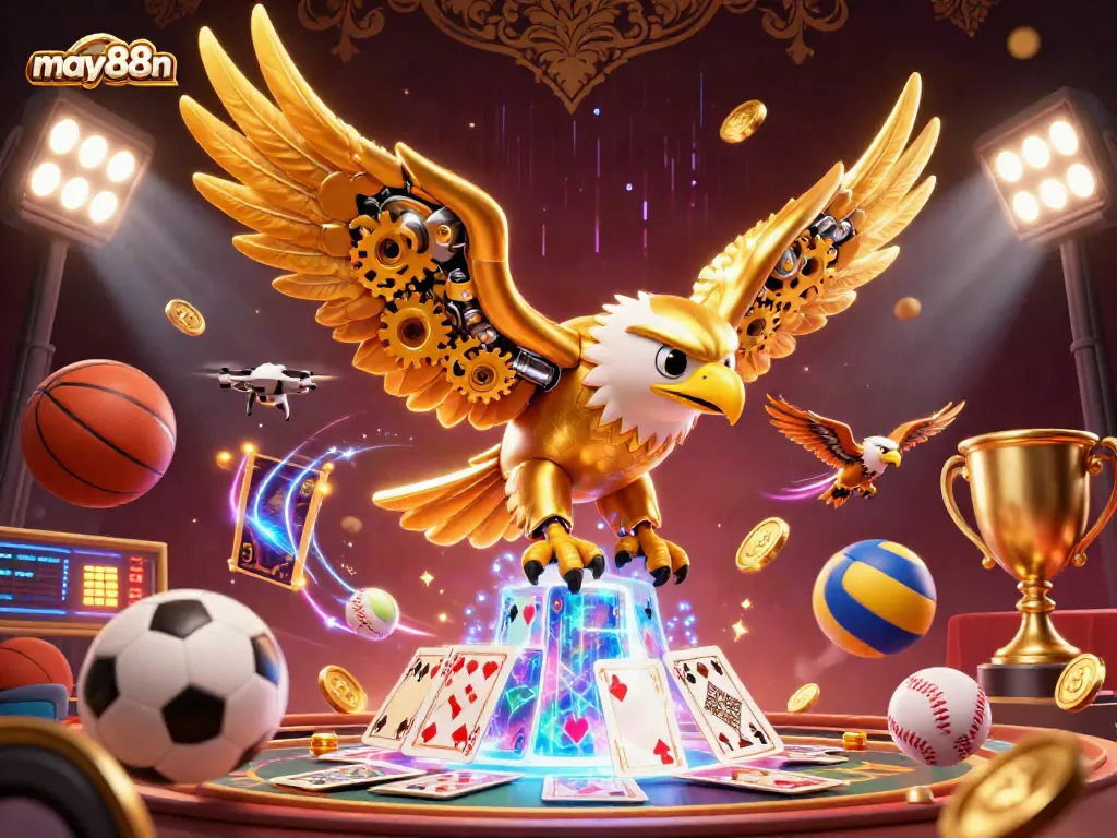 Experience thrilling gaming action at may88n in a dynamic casino scene with a golden eagle and holographic cards.