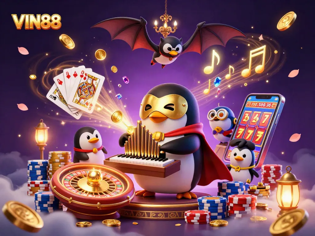Venture into the world of VIN88, where a penguin plays music while golden coins rain down.