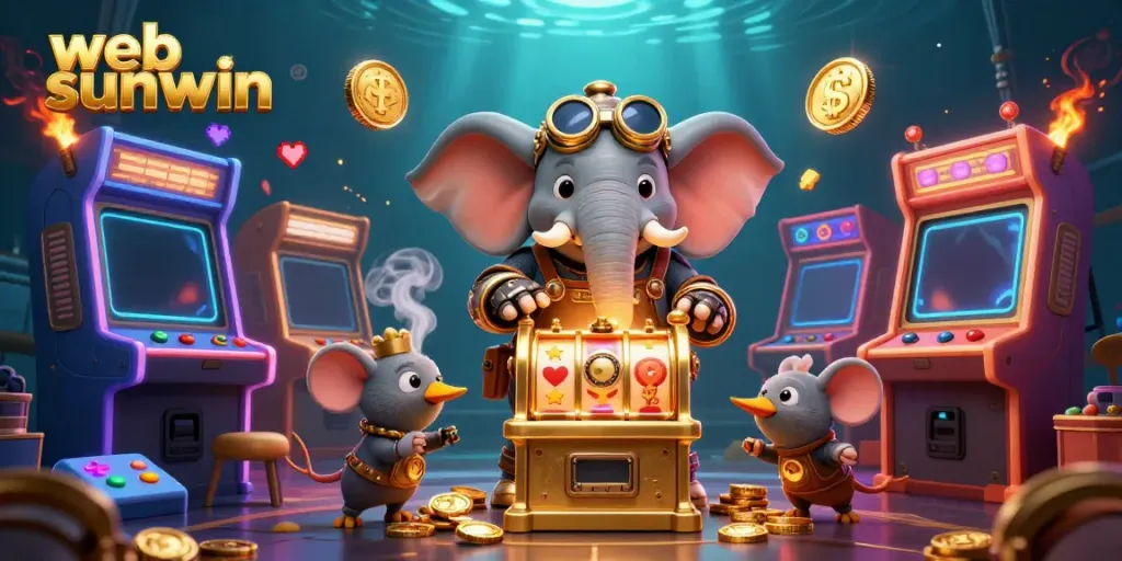 Experience the excitement of web sunwin with a steampunk elephant operating a slot machine in a vibrant casino scene.
