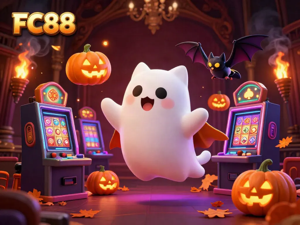Experience the thrills of slot machines with FC88's colorful gaming elements and ghostly companions.