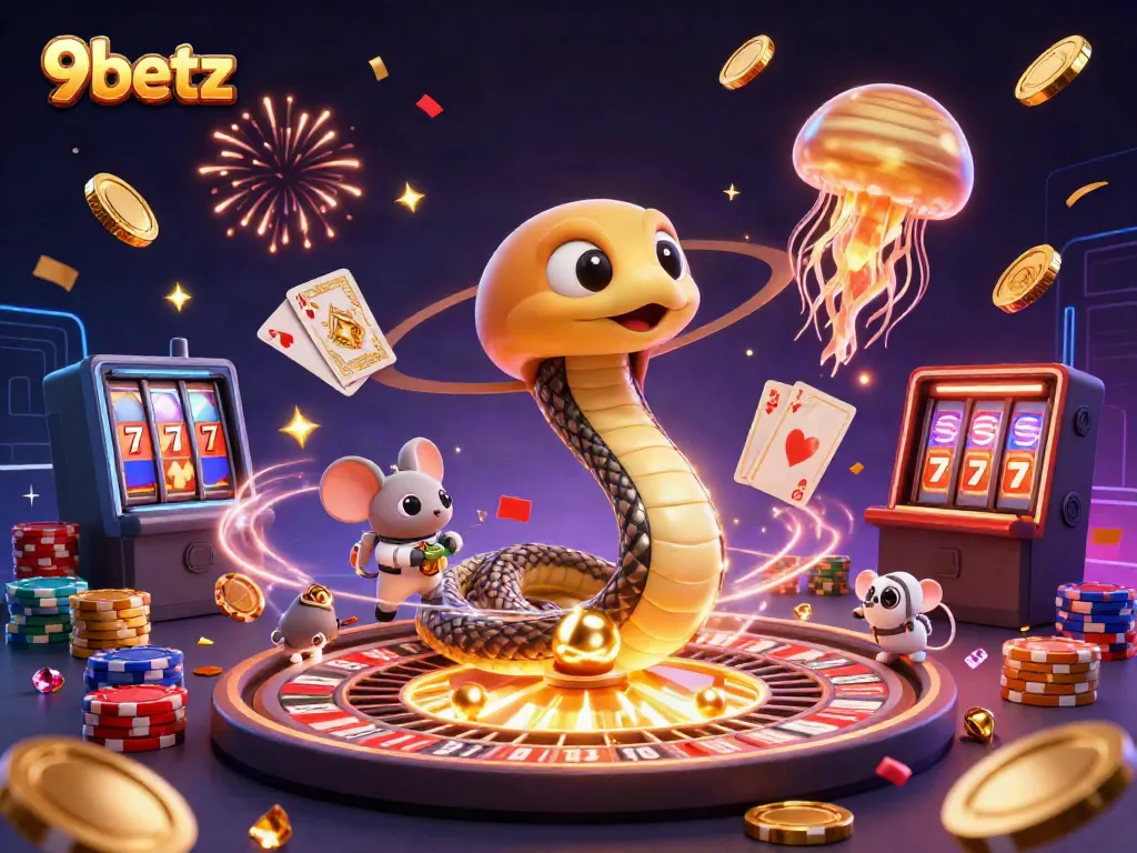 Experience thrilling bets at 9betz with animated cosmic characters and vibrant casino elements.