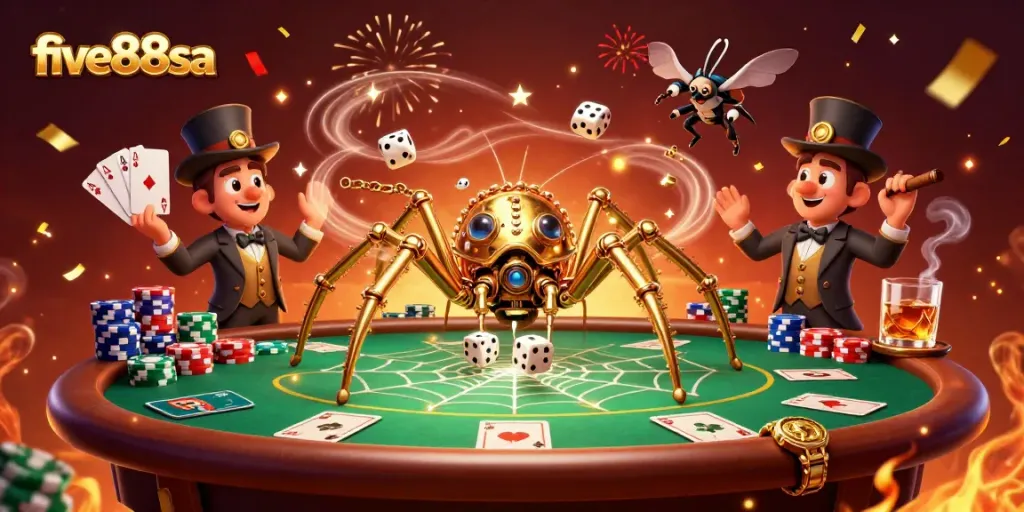Engage with the lively five88sa casino scene featuring a golden spider and poker elements.