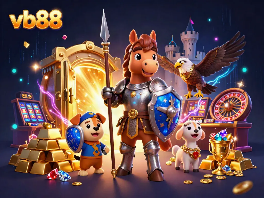 Spin the reels at vb88 with a knight and puppy amidst treasures and casino excitement.