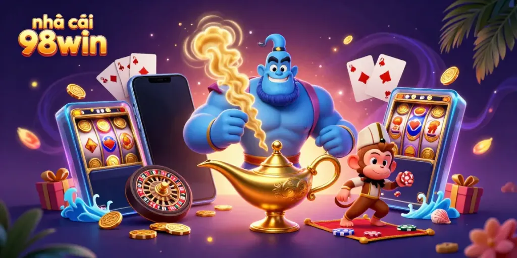 Engage with the vibrant world of nhà cái 98win, featuring cartoon genie, poker chips, and a magical smartphone.