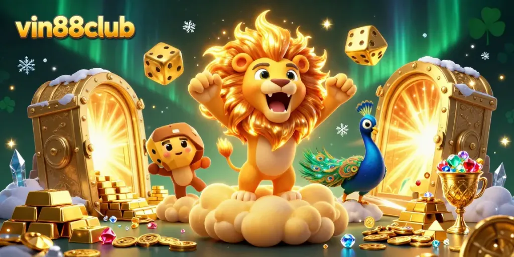 Experience the thrill of vin88club with vibrant graphics of golden treasures, dice, and a roaring lion.