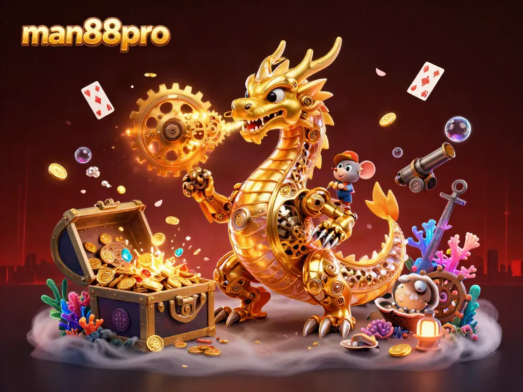 Experience thrilling gaming moments with man88pro, highlighted by a golden dragon surrounded by sparkling treasures and vibrant casino elements.