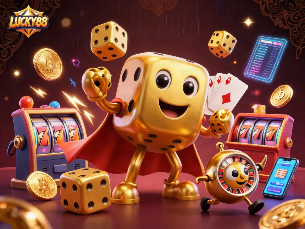 Spin reels and win with LUCKY88 in this vibrant, dynamic casino-themed 3D illustration.