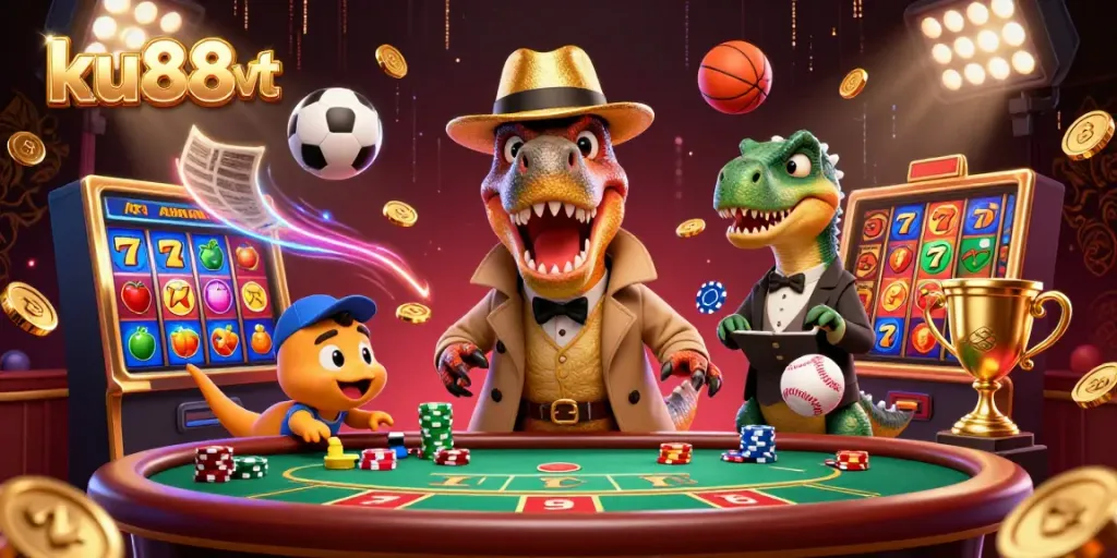 Experience the thrill of ku88vt with a cartoon velociraptor card counter and dynamic gaming elements.