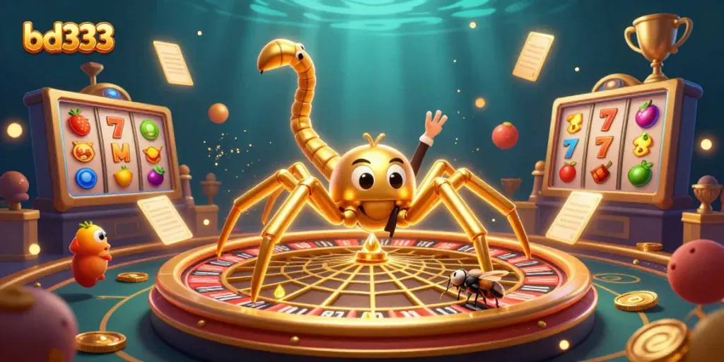 Experience thrilling gambling with bd333 featuring a golden spider spinning a roulette wheel in a vibrant scene.