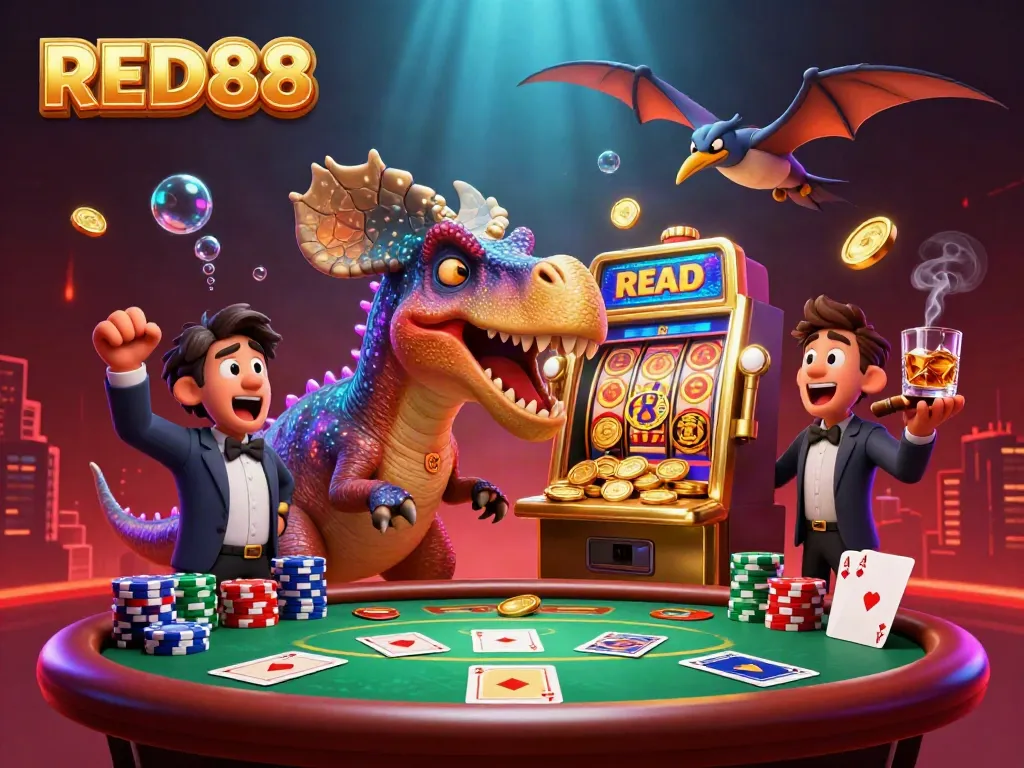 Experience the thrill of RED88 as a pachycephalosaurus hits a slot machine for jackpots amidst colorful poker chips and cards.