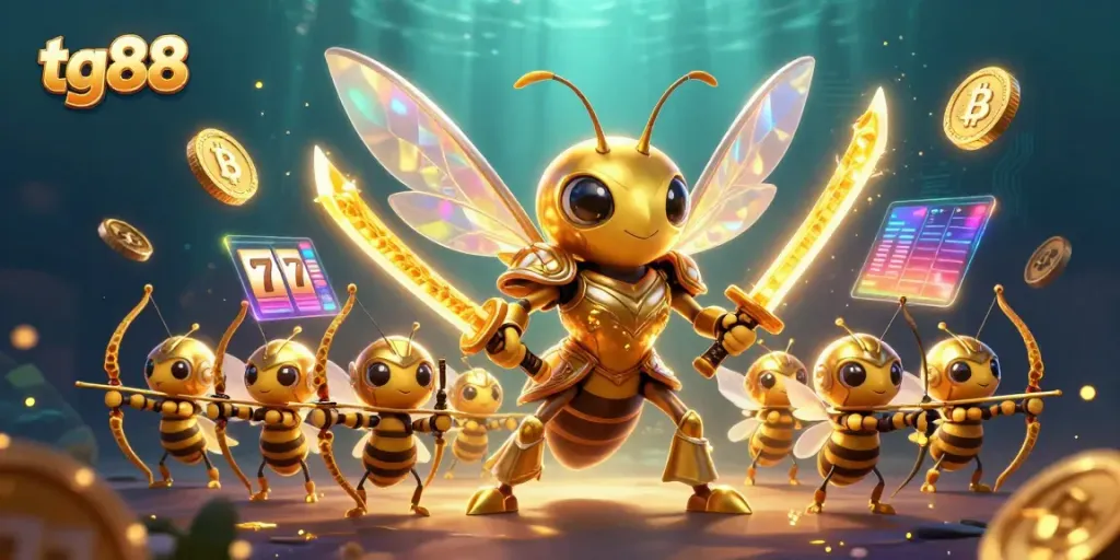 Engage with tg88's dynamic 3D casino scene featuring golden samurai hornets and flying slot reels.
