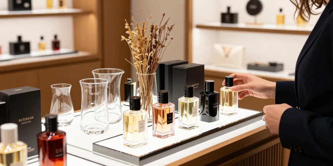Ontdek de luxe gissah parfum in een elegante winkelomgeving met prachtige flessen en accessoires.