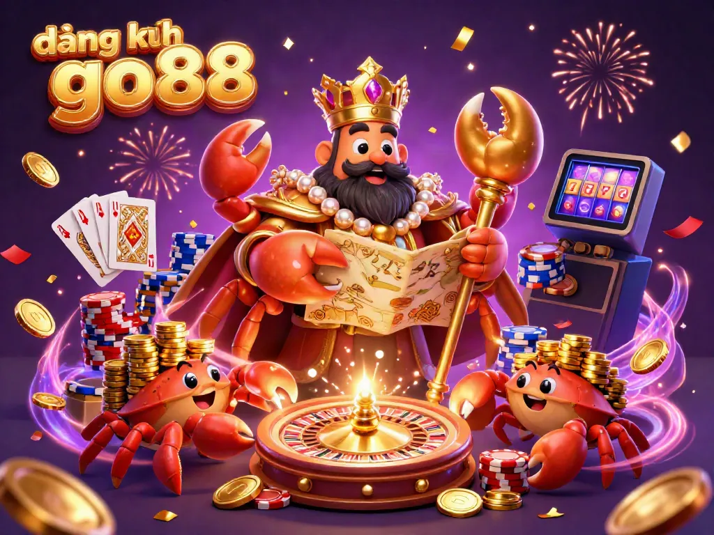 Experience thrilling gaming excitement with đăng ký go88 featuring vibrant 3D illustrations of golden crab emperor and casino elements.