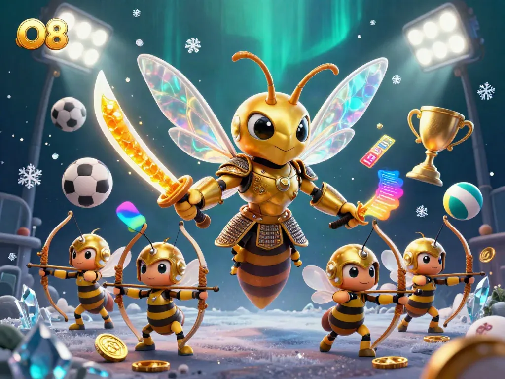 Engage with the O8 gambling experience, featuring a captivating hornet samurai amidst dynamic sports elements.