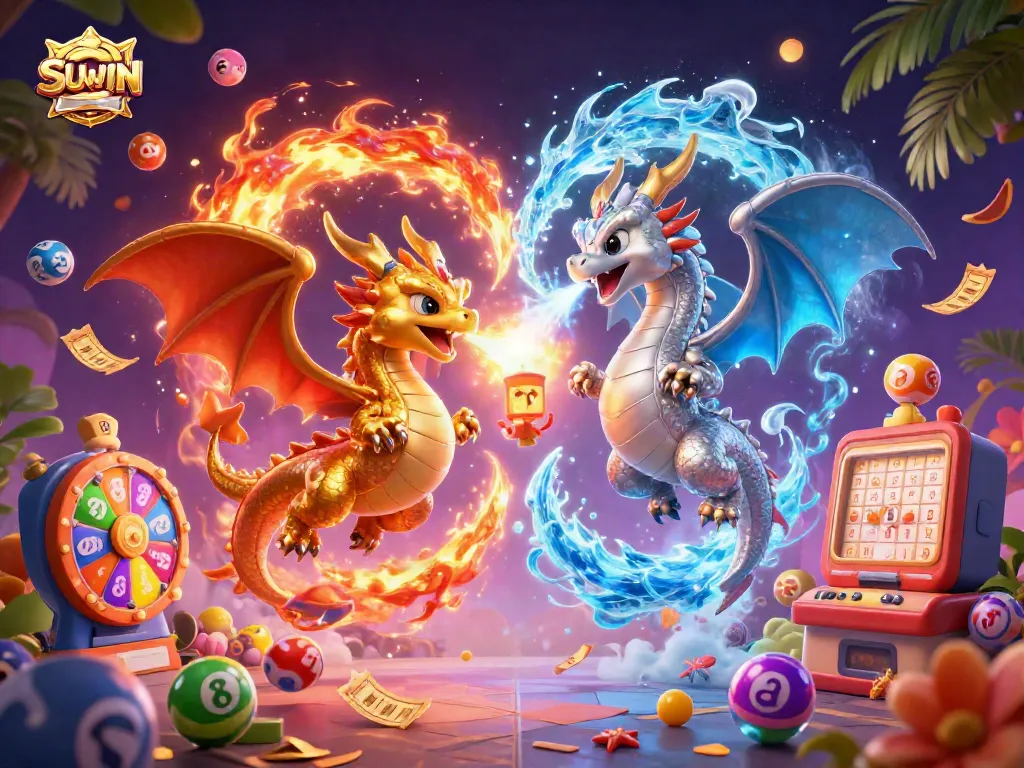 SUWIN gaming illustration featuring golden and silver dragons with dynamic casino elements