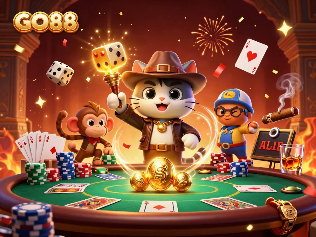 Experience the excitement of GO88 with a 3D illustration of a cat explorer and monkey companion in a vibrant casino.