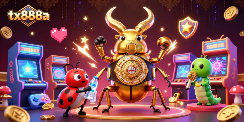 Experience the excitement of tx888a with a vibrant casino-themed illustration featuring a golden stag beetle.