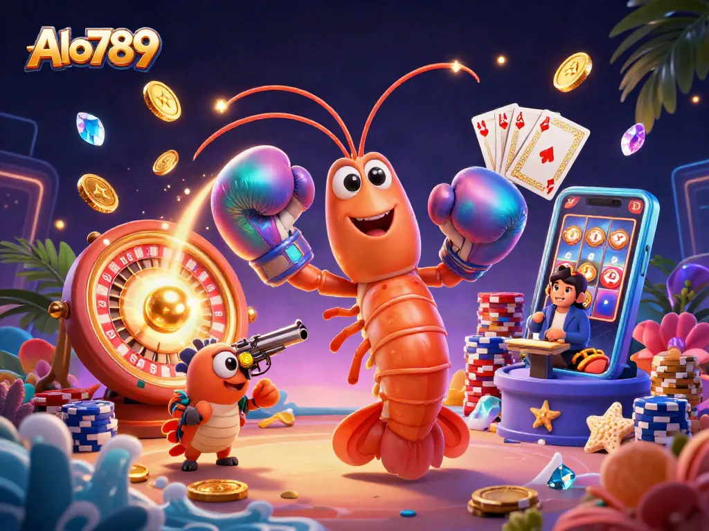 Alo789 features a dynamic gambling scene with cartoon mantis shrimp and vibrant casino elements showcasing excitement.