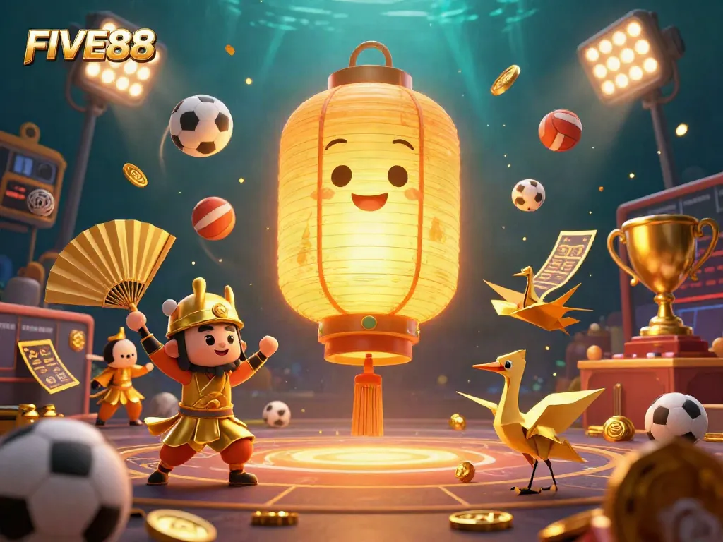 Engage with FIVE88's vibrant online casino scene featuring a golden lantern spirit and sports betting elements.