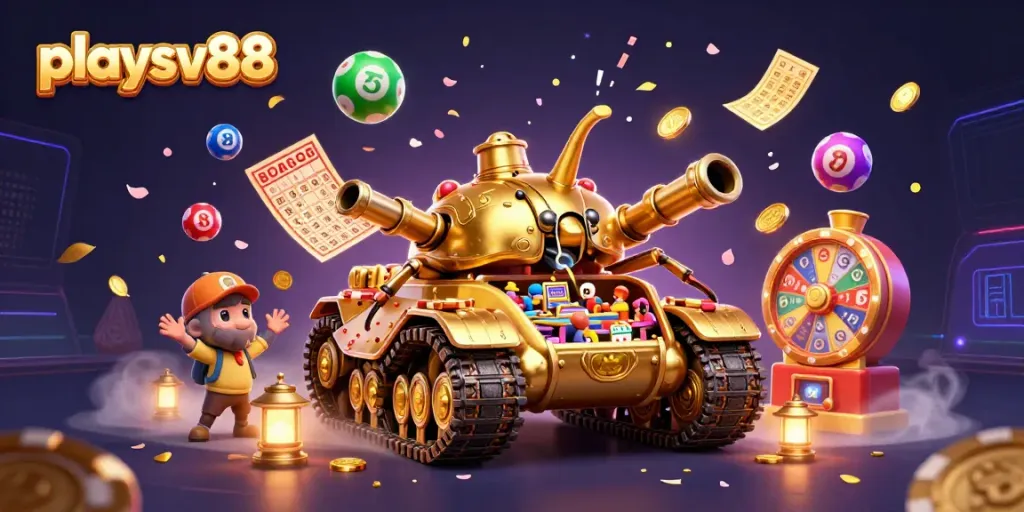 Experience thrilling gameplay at playsv88 with a colossal golden tank bursting with casino delights.