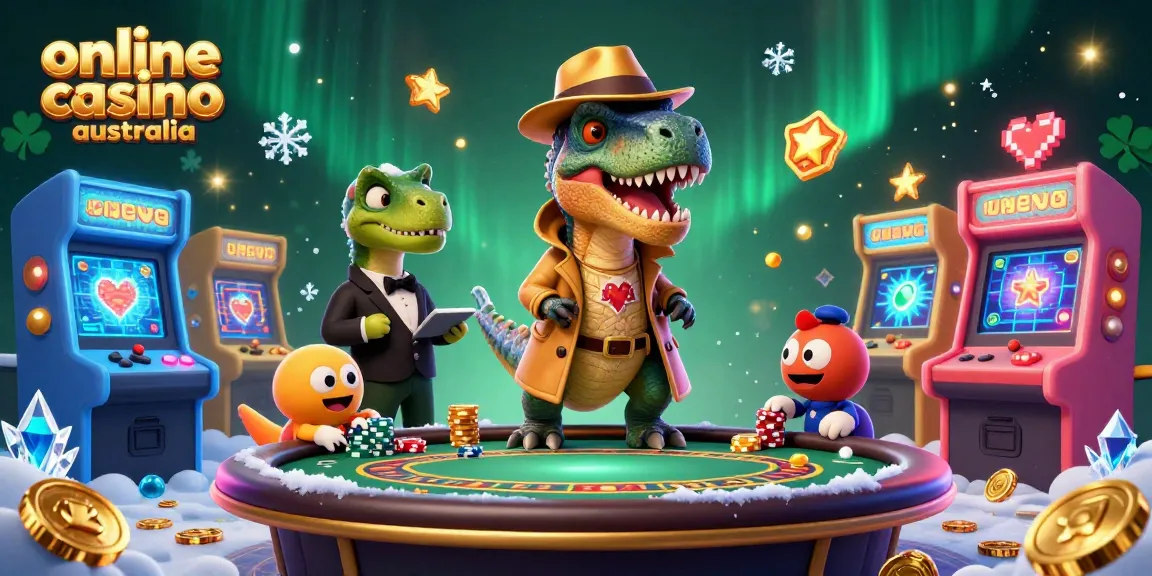 Explore the vibrant online casino australia scene with dino characters engaging at a blackjack table with dynamic gaming elements.