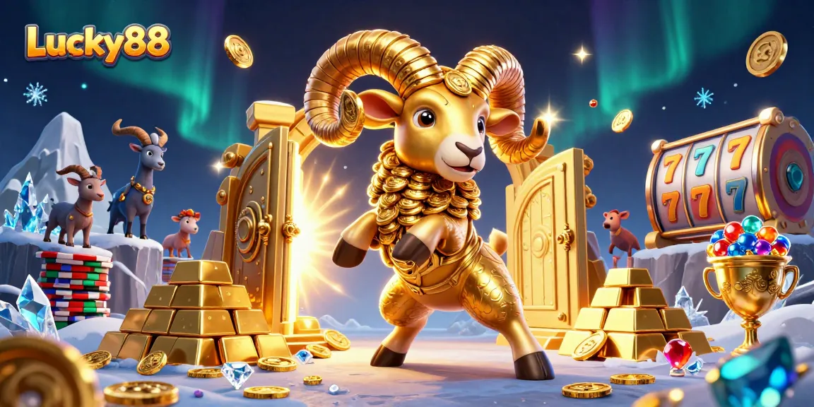 Engage with Lucky88: A thrilling digital illustration featuring a golden ram charging through a casino setting.