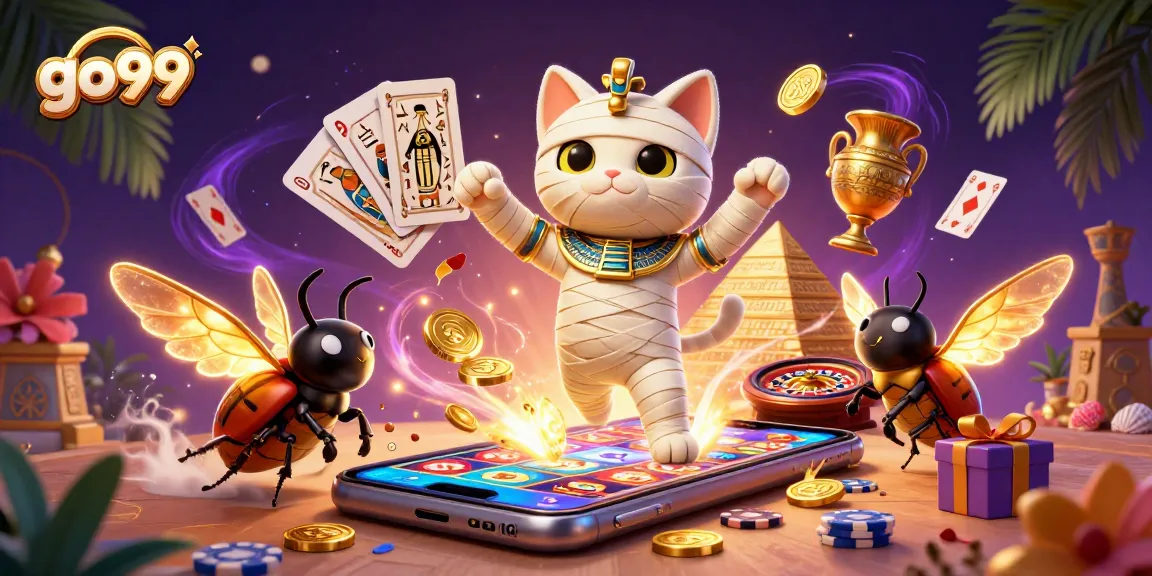 Spin colorful slots and win at go99 with a dynamic casino illustration featuring a mummy cat and golden symbols.