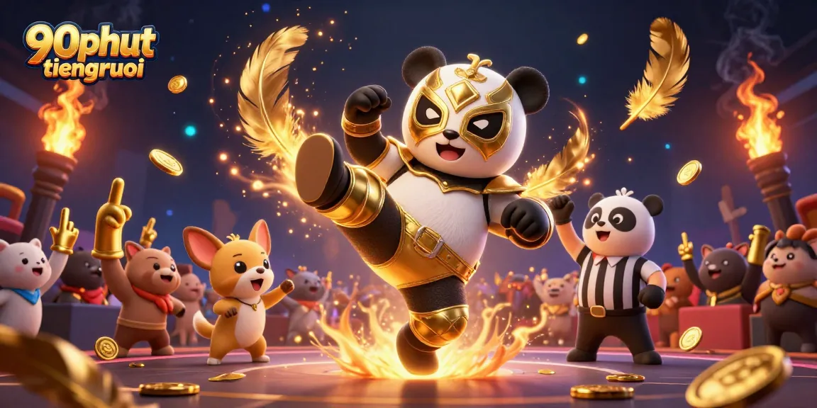Experience the thrill of betting with 90phut tiengruoi in this action-packed sports scene featuring animal characters and gold elements.