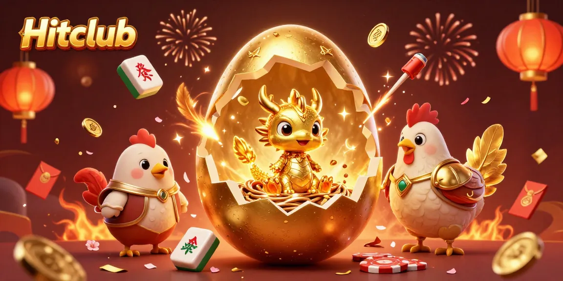 Experience Hitclub's thrilling gaming atmosphere with a golden dragon, poker chips, and festive elements.