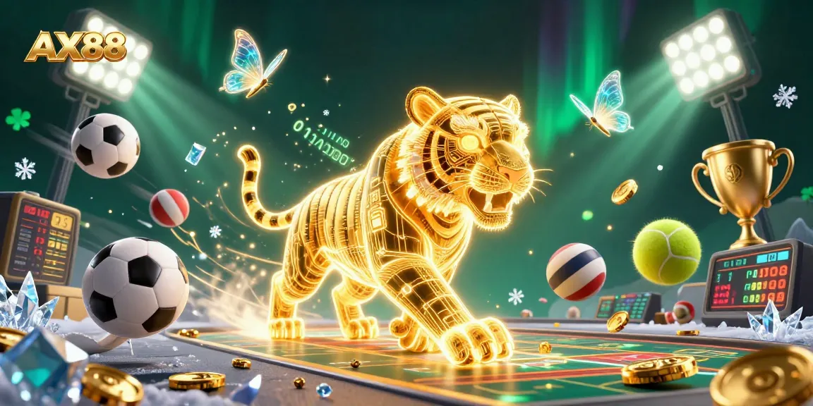 Experience thrilling gameplay at AX88 with dynamic sports elements and a golden tiger in a vibrant casino!