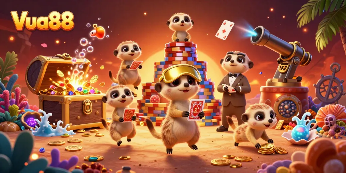 Experience the excitement at Vua88 casino with colorful meerkats in a vibrant gaming scene.