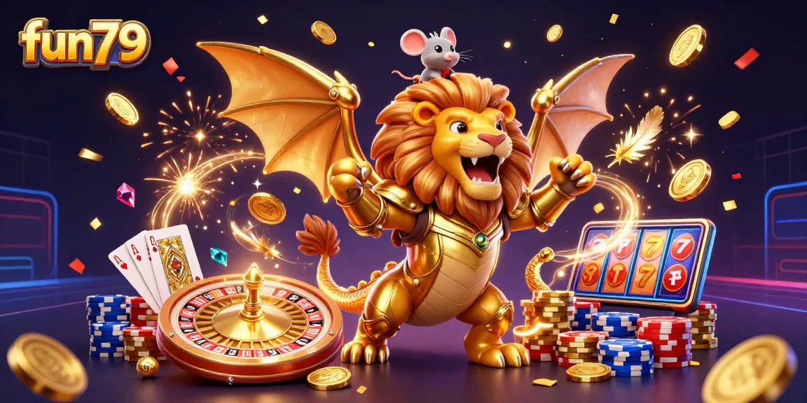 Play thrilling games at fun79, featuring a triumphant chimera amidst flying coins and sparkling gems.