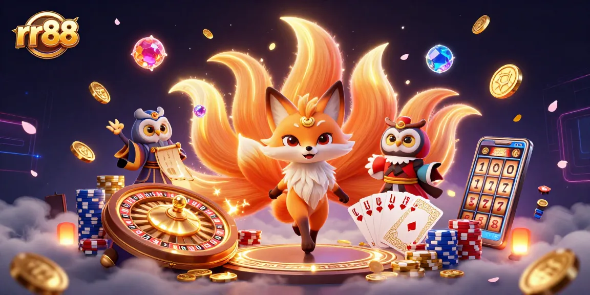 Experience thrilling fun at rr88 with a vibrant 3D illustration showcasing colorful casino action and winning moments.