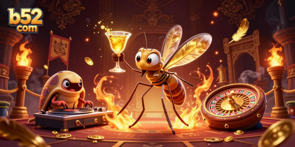 Play exciting casino games at b52 com with a vibrant illustration featuring unique characters.