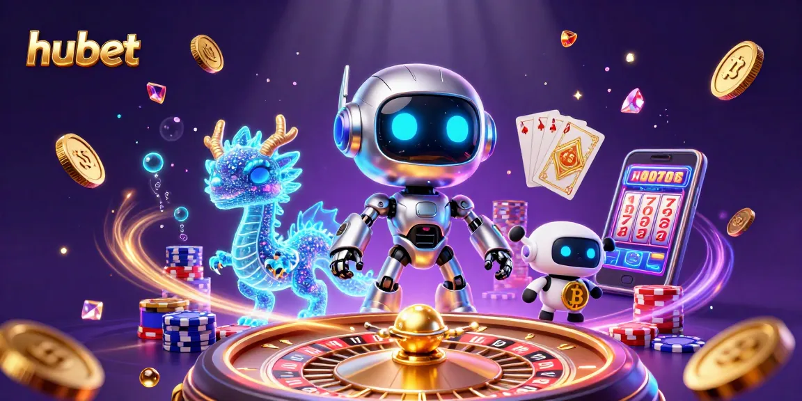 Experience exhilarating gameplay with hubet in a vibrant, dynamic casino scene featuring robots and crypto.