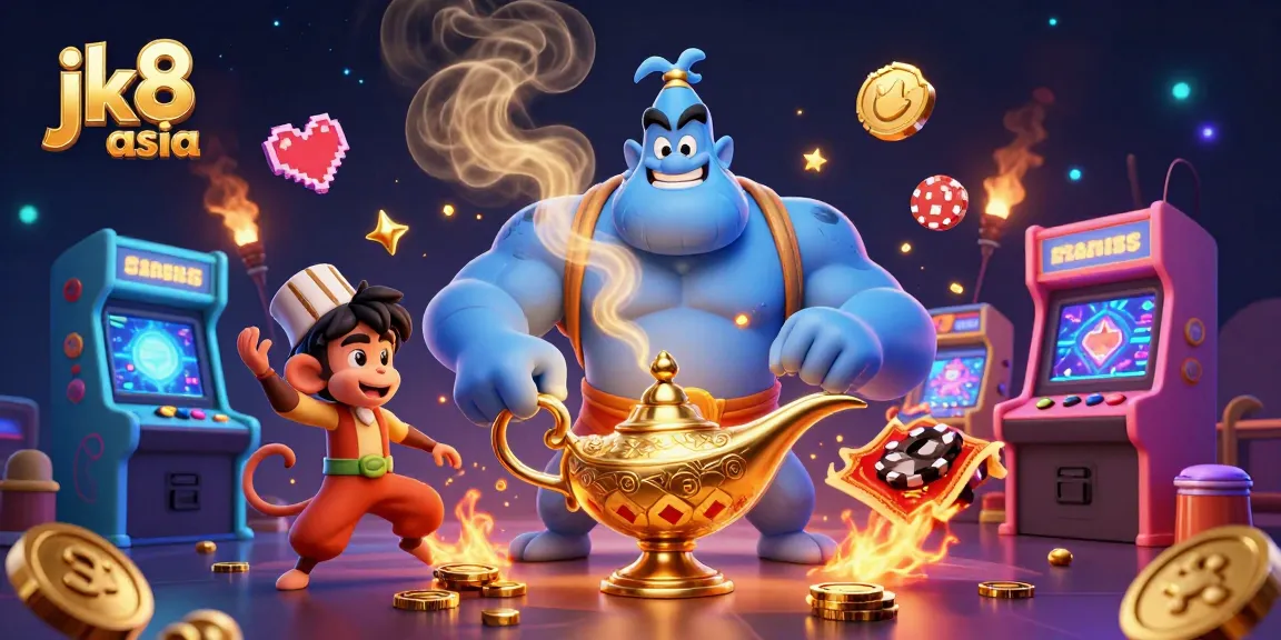 Experience thrilling gaming with jk8 asia, featuring a blue genie, monkey, and magic carpet in a vibrant casino scene.