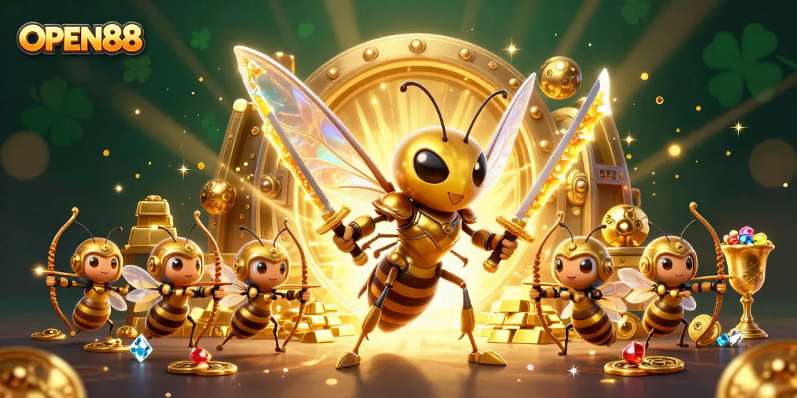 Participate in the exciting world of OPEN88 with a stunning illustration of a mythical hornet engaging in epic gambling adventures.