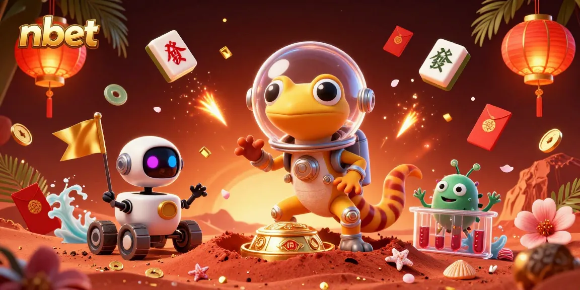 nbet casino illustration showcasing a Martian gecko uncovering riches on Mars, featuring festive gambling elements.