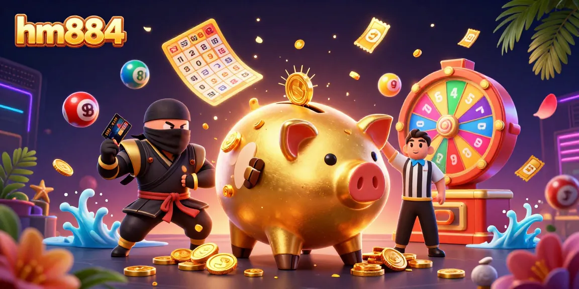 Engage with the exciting world of hm884 casino games featuring vibrant characters, coins, and lottery elements.
