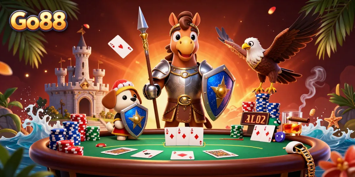 Engage with Go88's thrilling gaming scene featuring vibrant characters and poker elements.