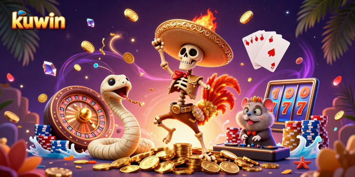 Kuwin platform showcases a lively scene with a dancing skeleton mariachi and a DJ hamster, featuring dazzling game elements.