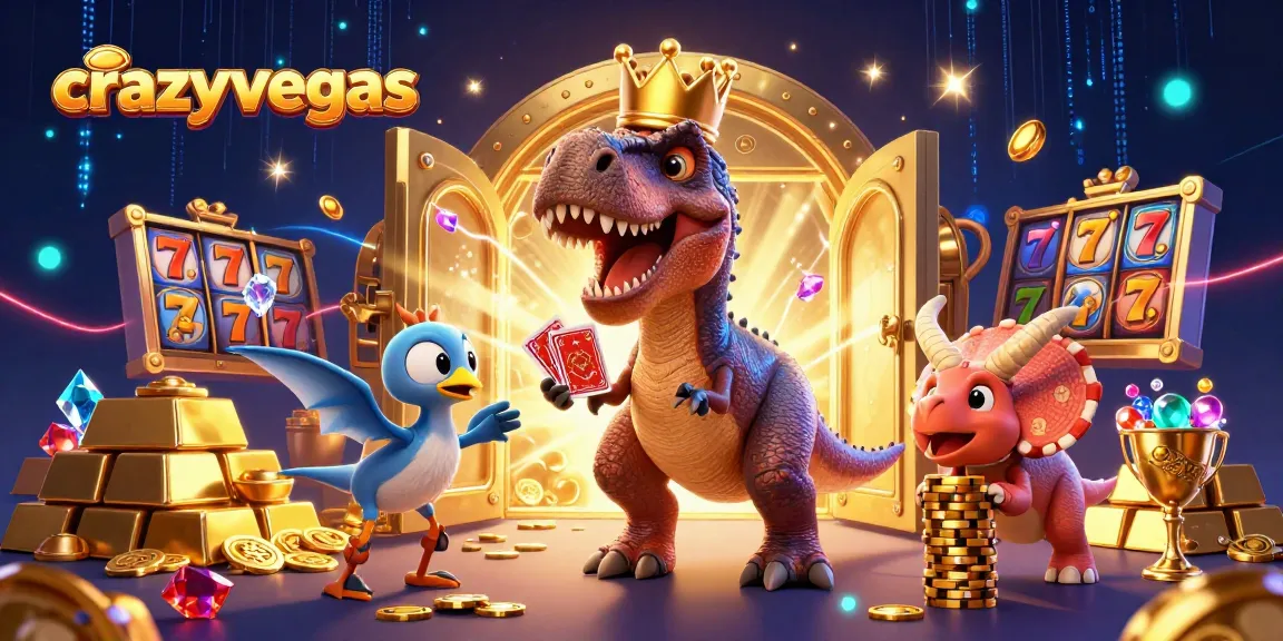 CrazyVegas shows a T-Rex card dealer, pterodactyl helper and triceratops stacking chips in a vibrant casino.