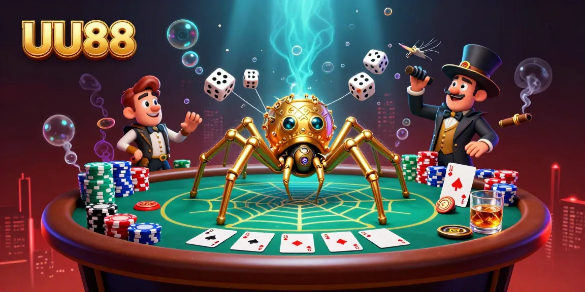 Engage with UU88 in this vibrant casino scene featuring a playful spider and fly amidst poker elements.